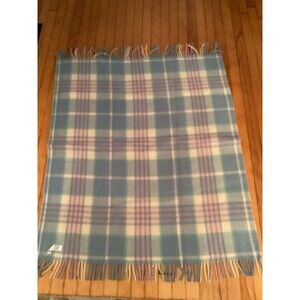 VINTAGE STORK CRAFT BABY BLANKET PASTEL PLAID FRINGE WOOL MADE IN ITALY
